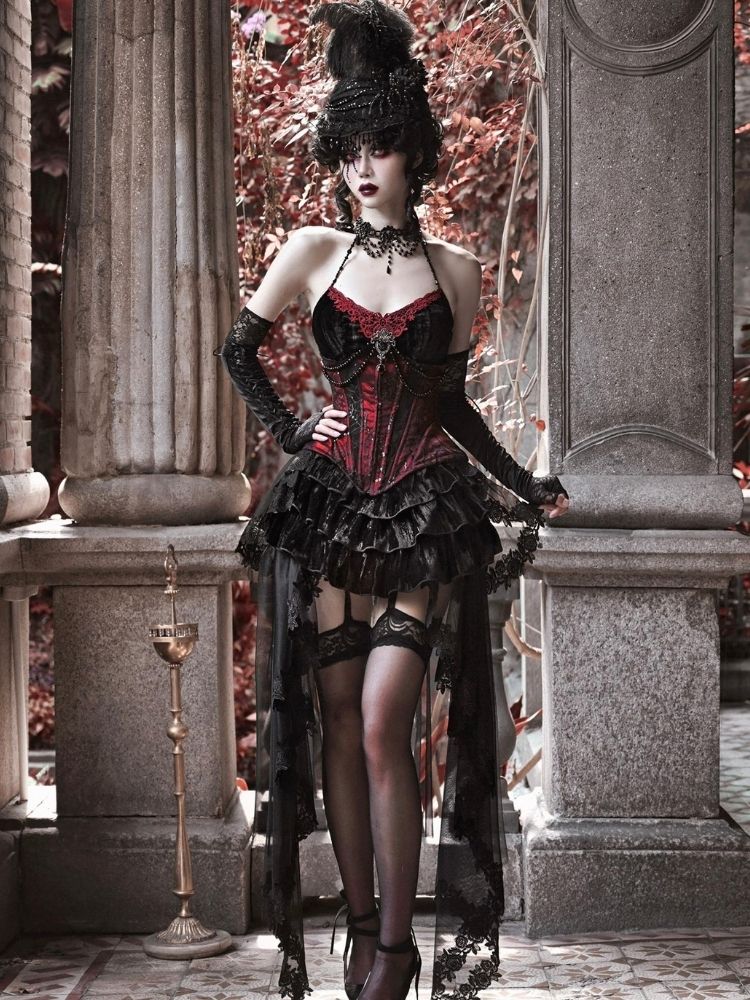 Gothic Velvet Halloween Suspender Dress Set