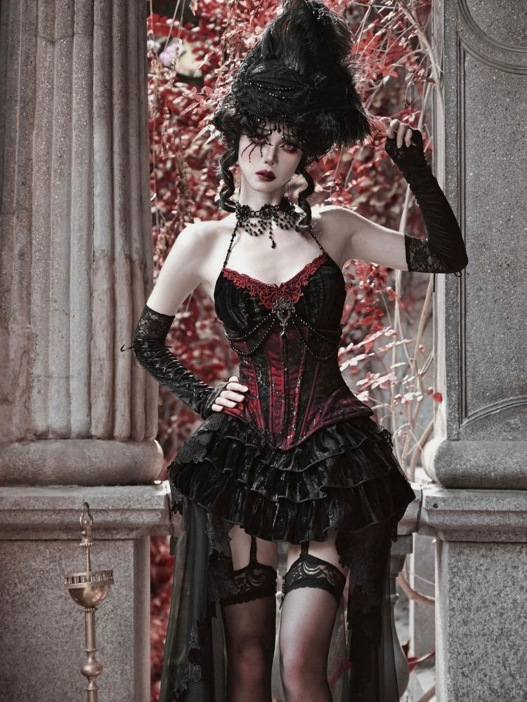 Gothic Velvet Halloween Suspender Dress Set