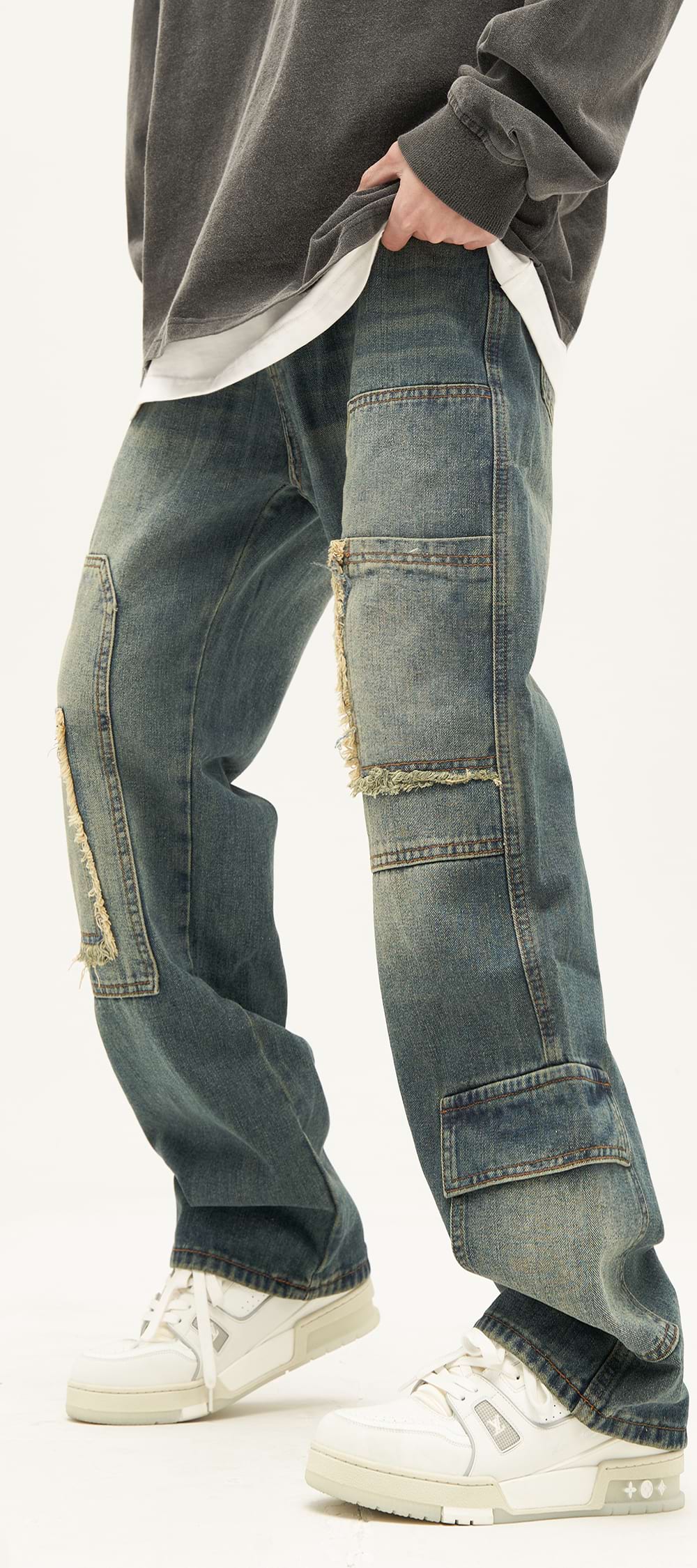 Patchwork Distressed Wide Leg Pocket Jeans