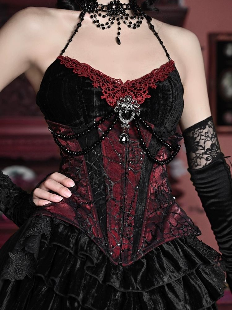 Gothic Velvet Halloween Suspender Dress Set