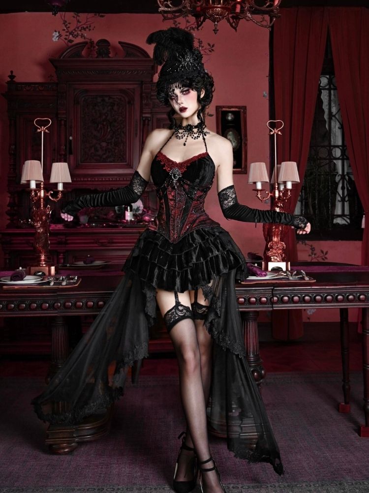Gothic Velvet Halloween Suspender Dress Set