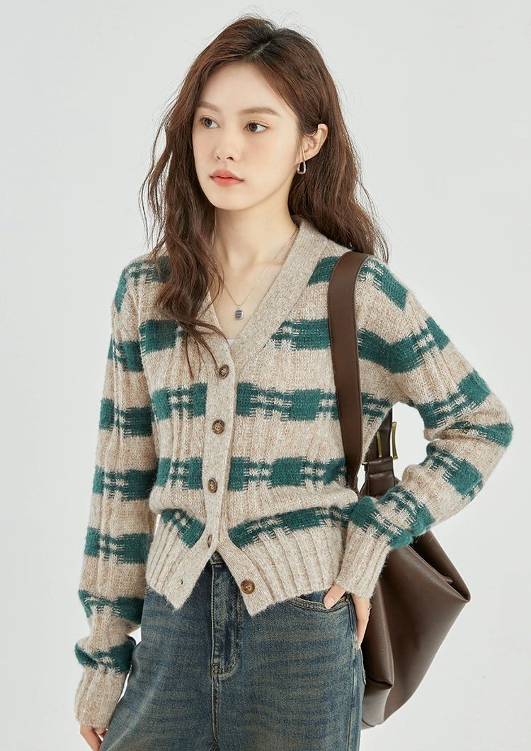 Green and Beige Plaid Knit Cardigan