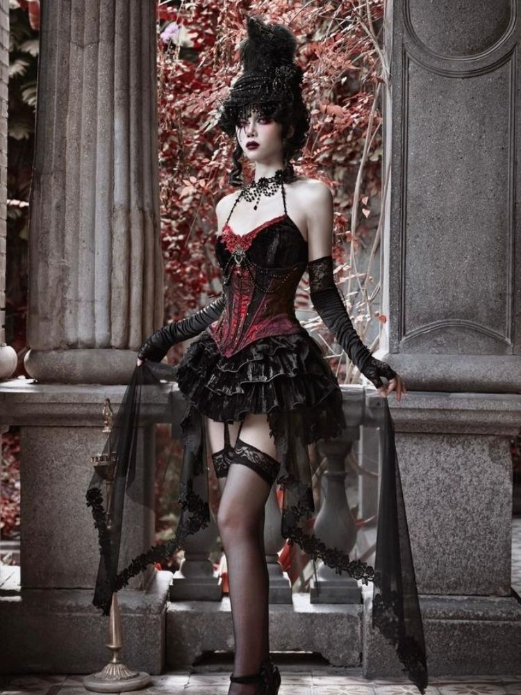 Gothic Velvet Halloween Suspender Dress Set