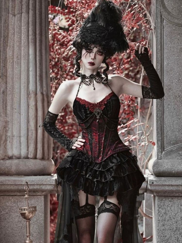 Gothic Velvet Halloween Suspender Dress Set