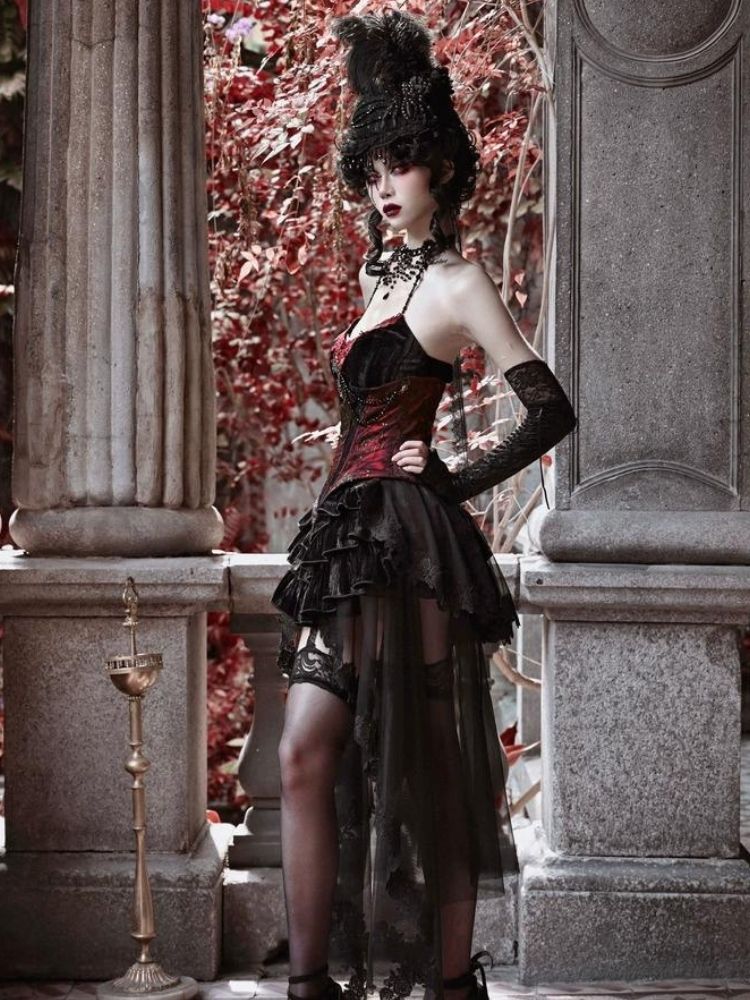 Gothic Velvet Halloween Suspender Dress Set