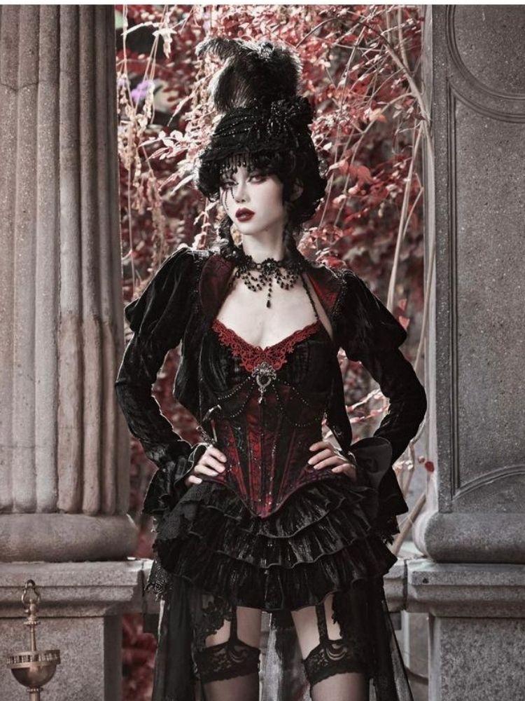 Gothic Velvet Halloween Suspender Dress Set