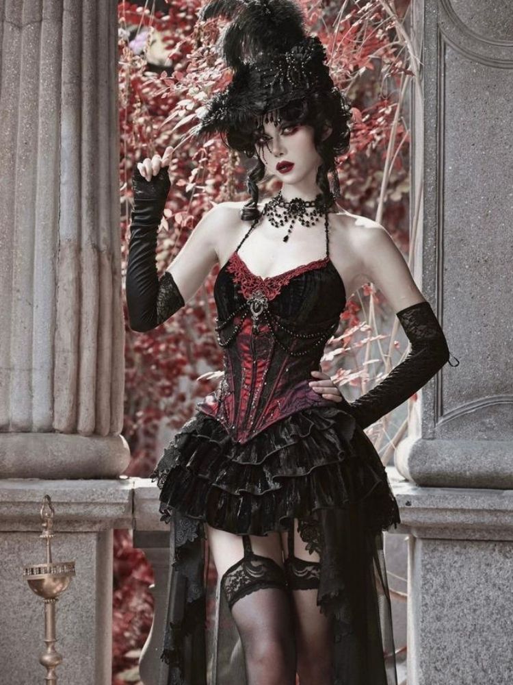 Gothic Velvet Halloween Suspender Dress Set