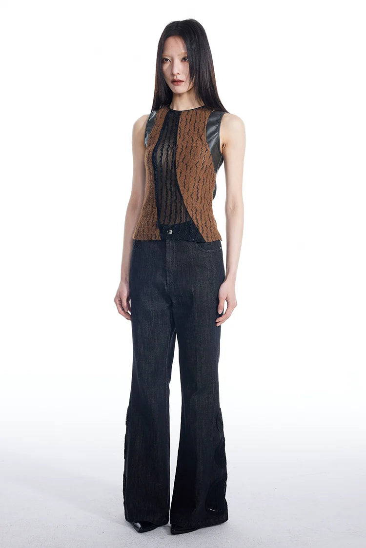 Brown and Black Knit Panel Tank Top