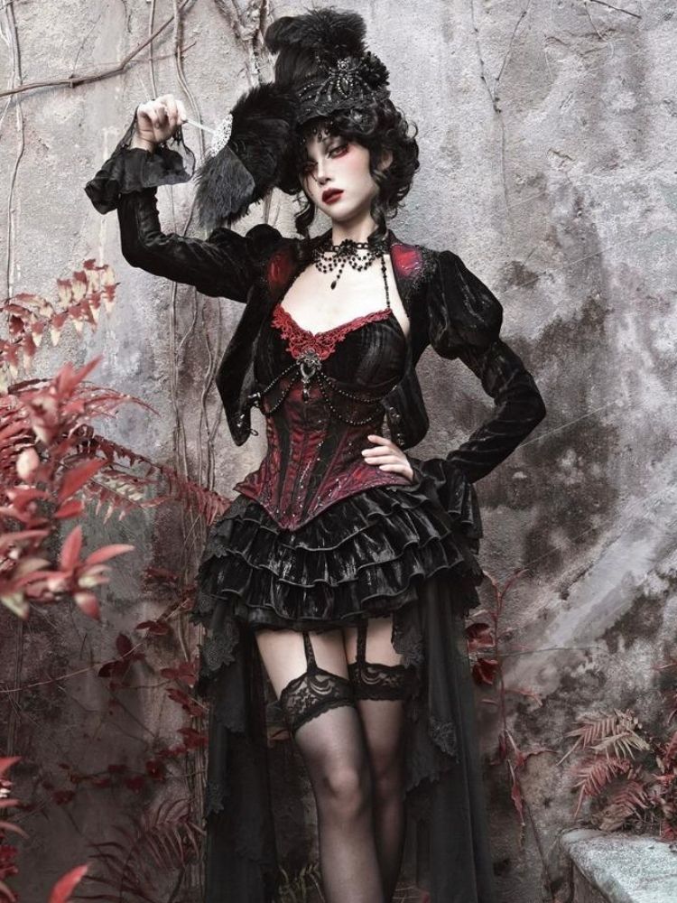 Gothic Velvet Halloween Suspender Dress Set