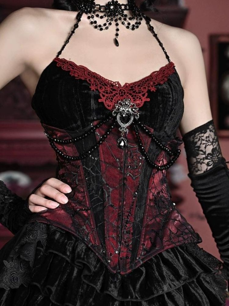 Gothic Velvet Halloween Suspender Dress Set