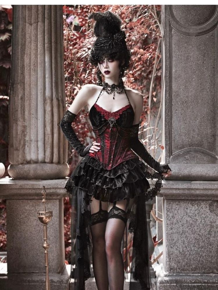 Gothic Velvet Halloween Suspender Dress Set