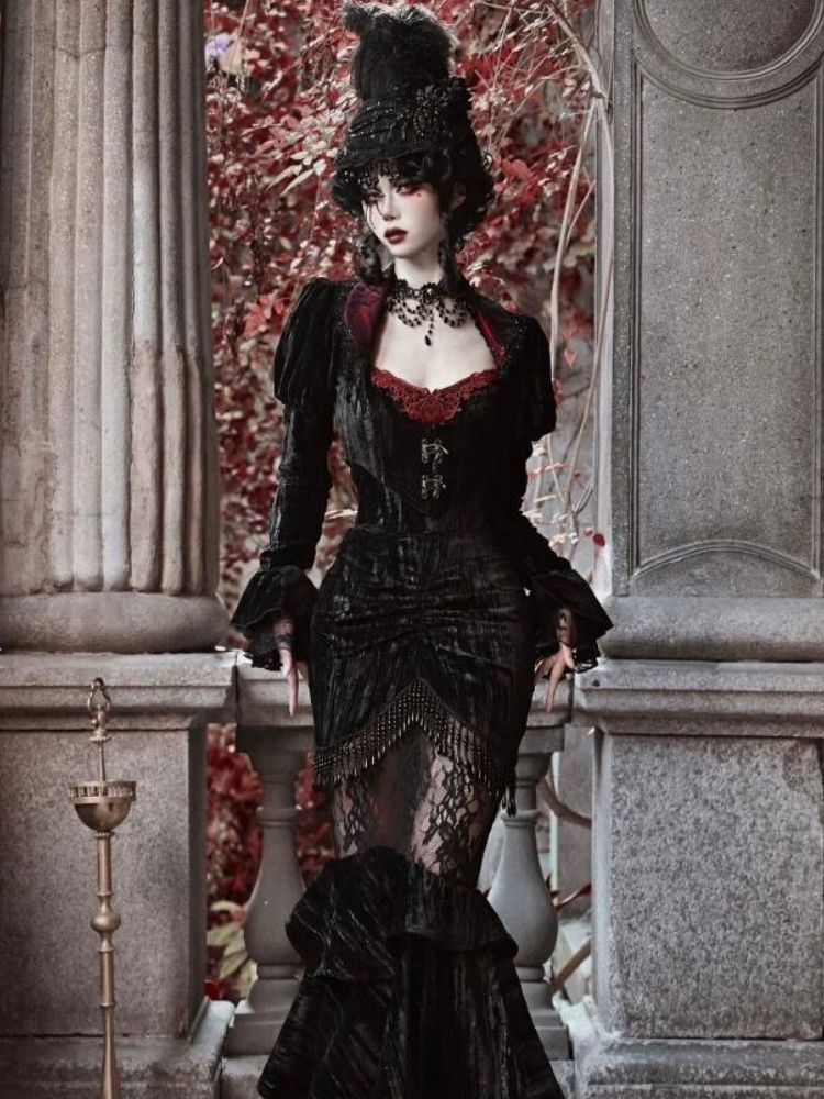 Gothic Velvet Halloween Suspender Dress Set