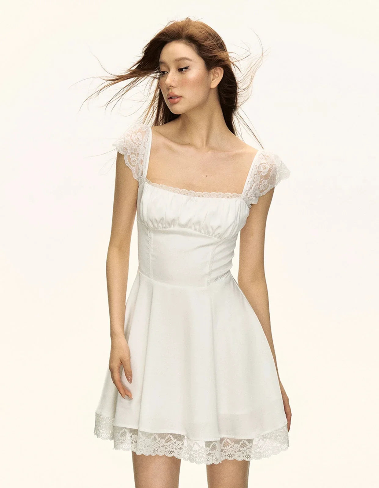 White Lace Trim Square Neck Mini Dress