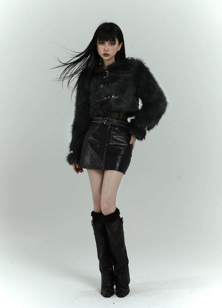 Black Gothic Buckle Fur Jacket