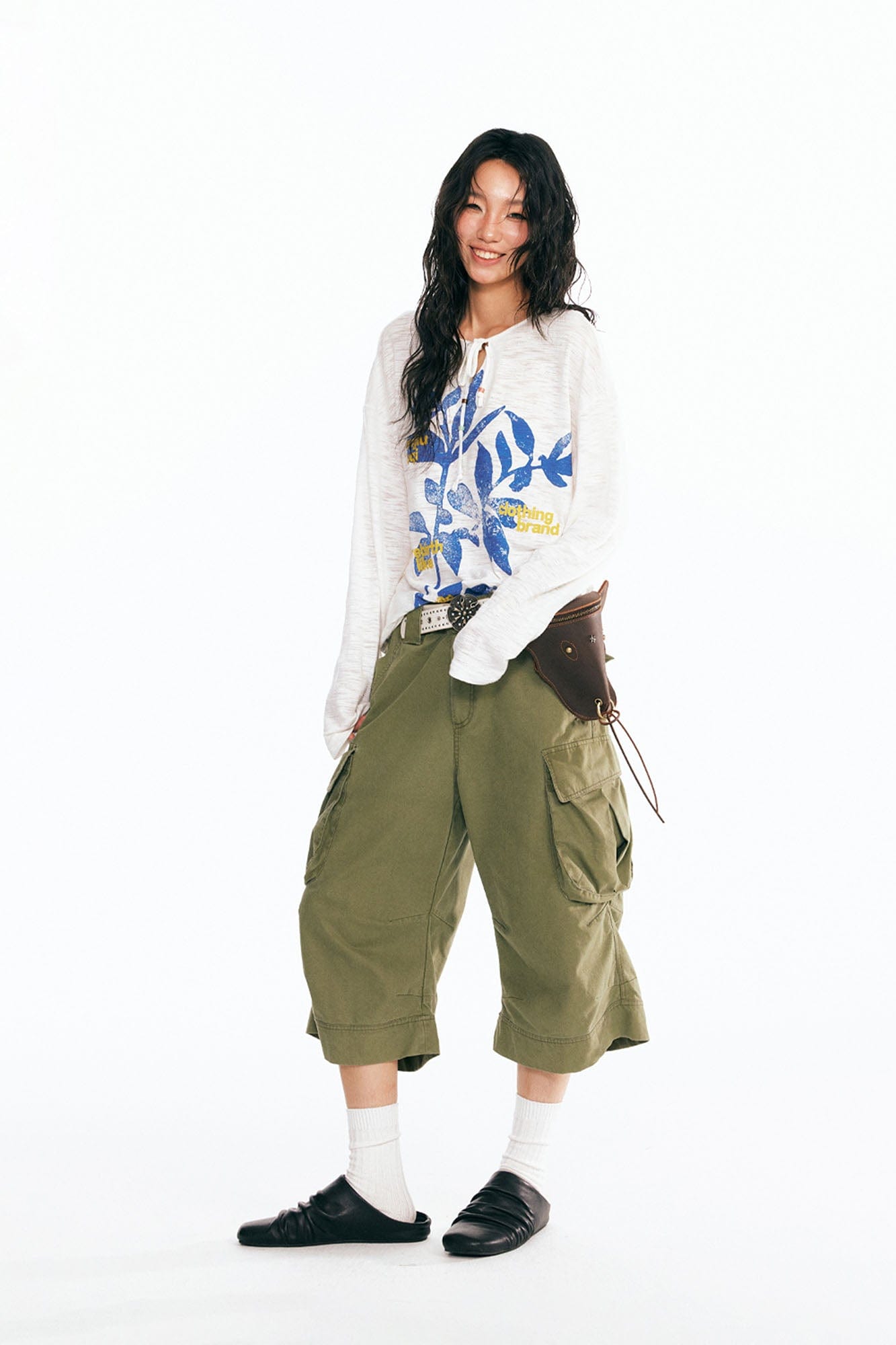 Graphic Sesame Leaves Drawstring Neck Long Sleeve Tee