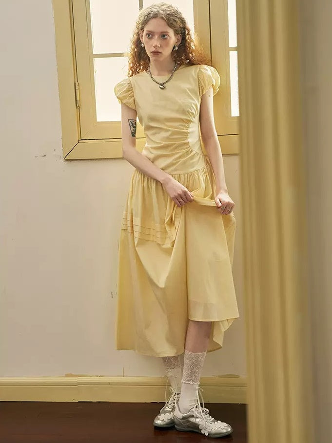 Round Neck Puff Sleeve Long Gather One-Piece - chiclara