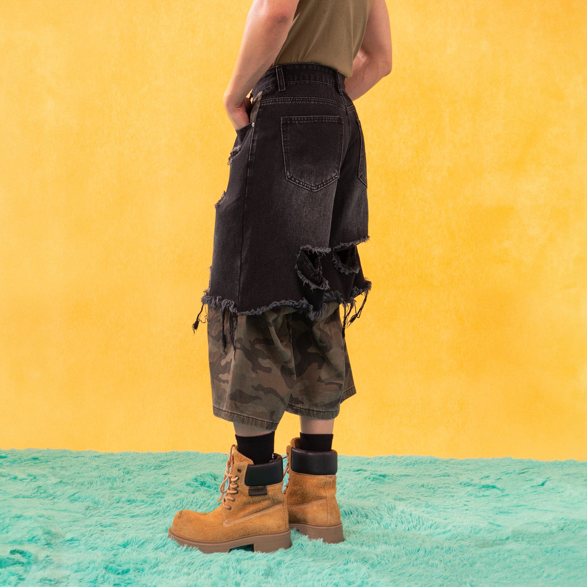 Camo Patchwork Distressed Denim Shorts