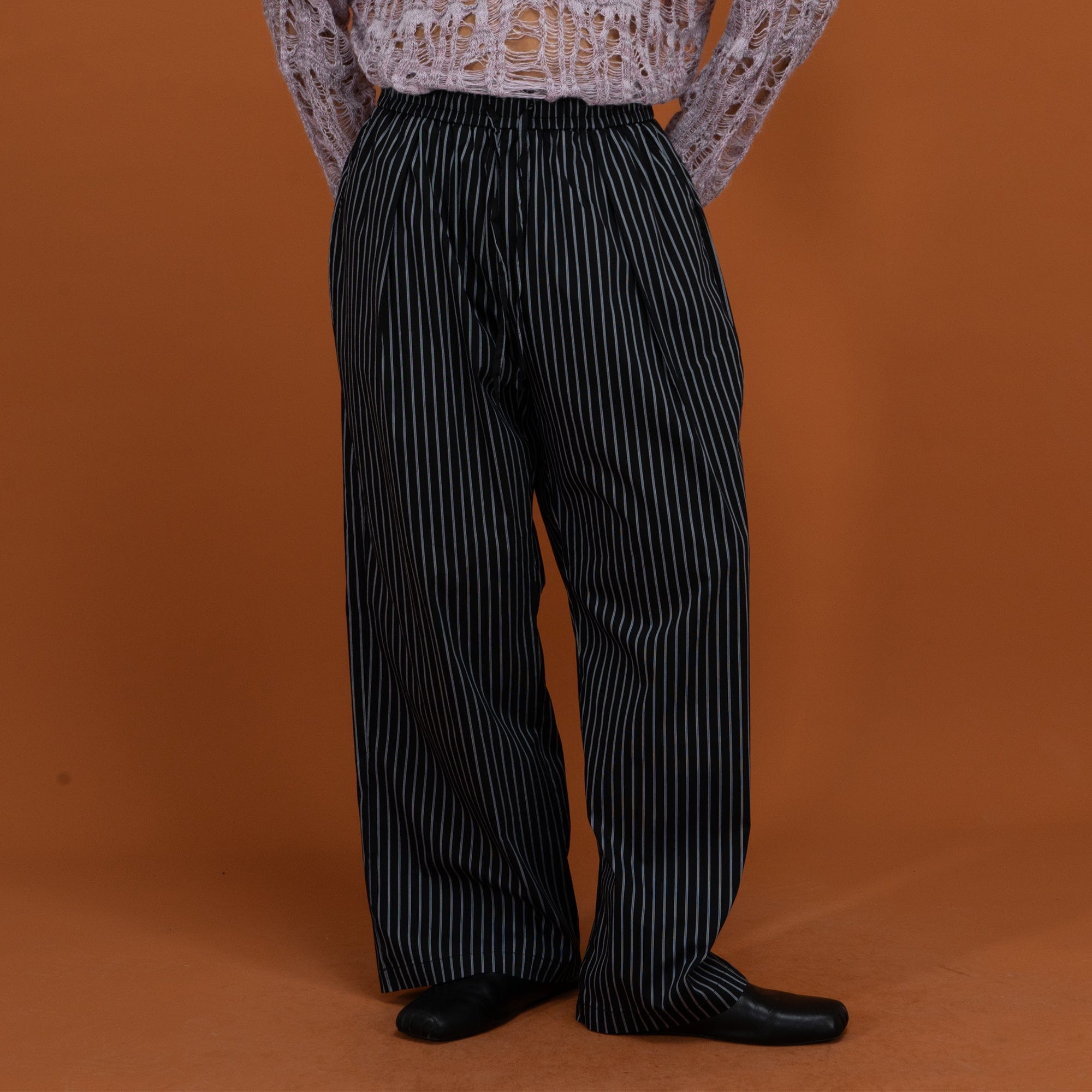 Blue Pinstripe Drawstring Wide-Leg Pants