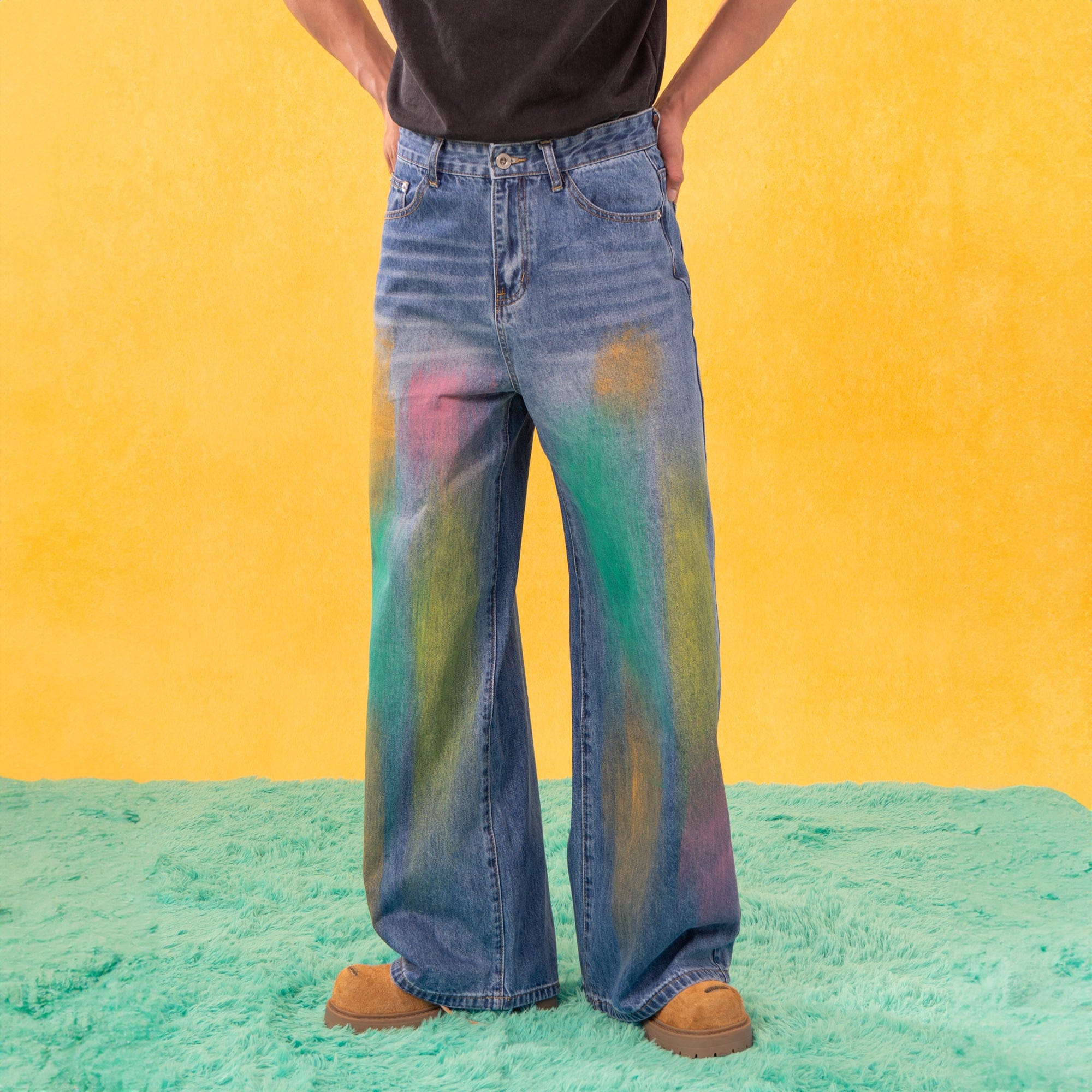 Multicolor Spray Paint Effect Wide-Leg Jeans