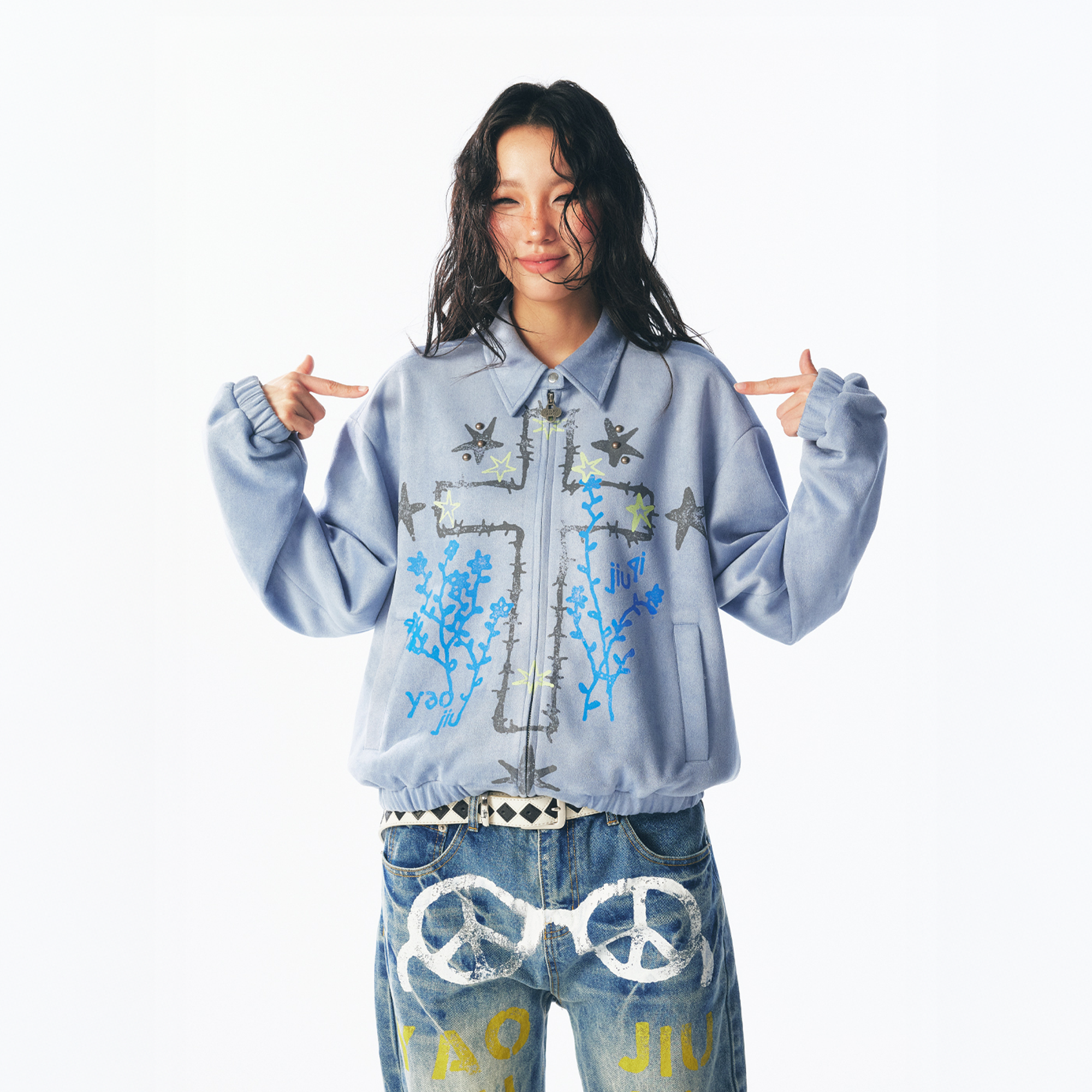 Floral Cross Faux Suede Zip Jacket