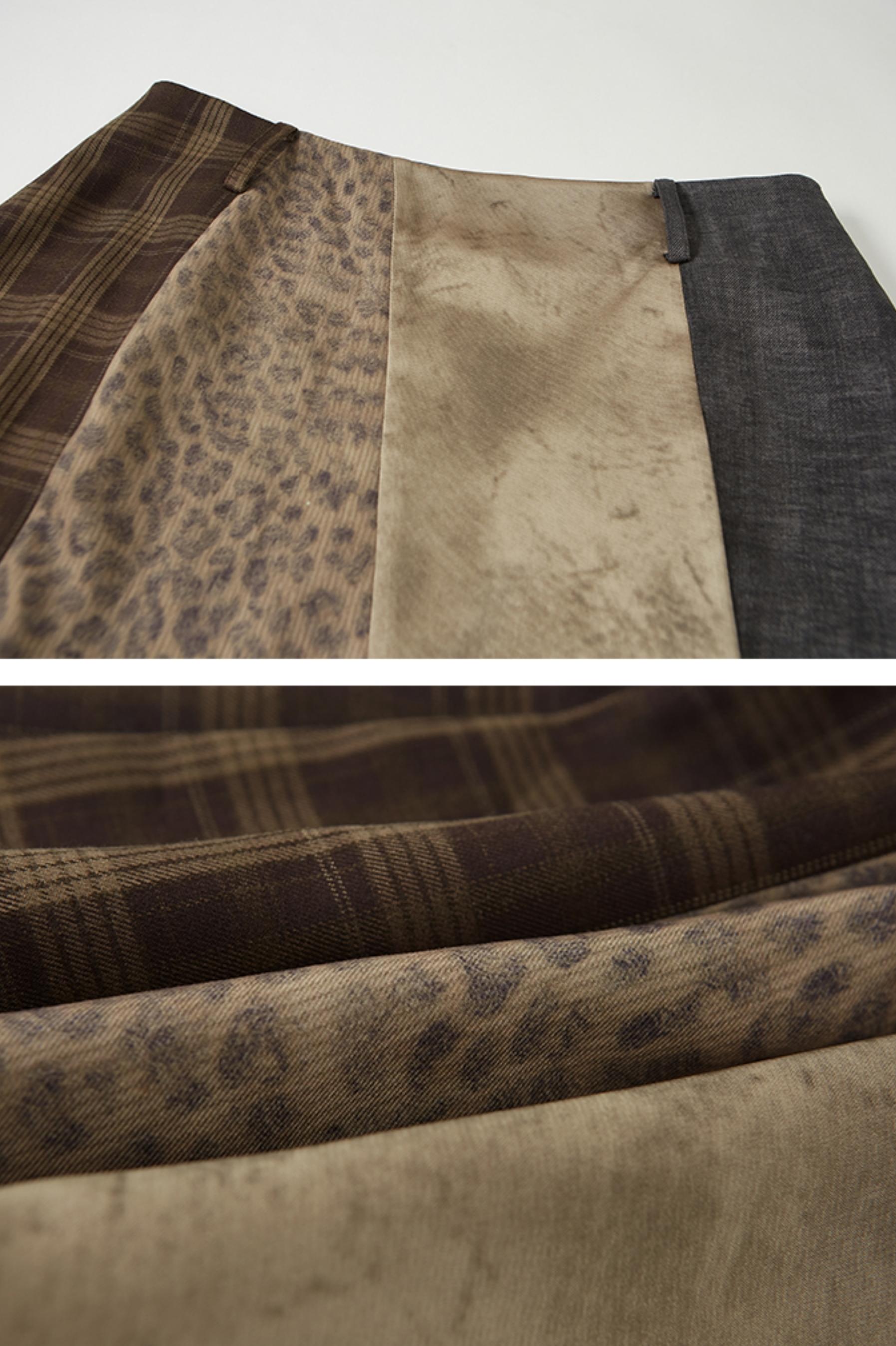 패치워크 데님 레오파드 미디 스커트