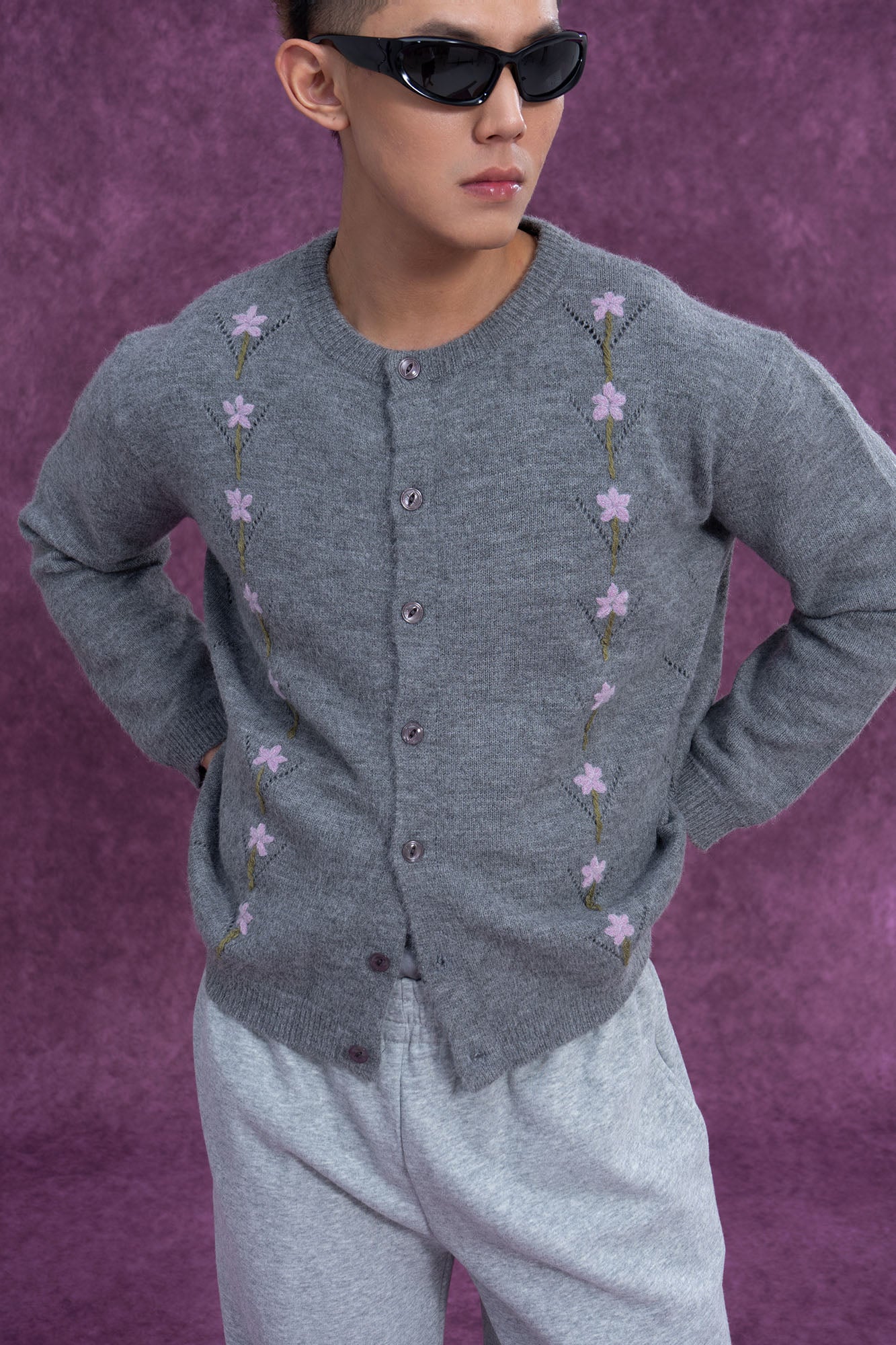 Gray Floral Line Embroidered Cardigan