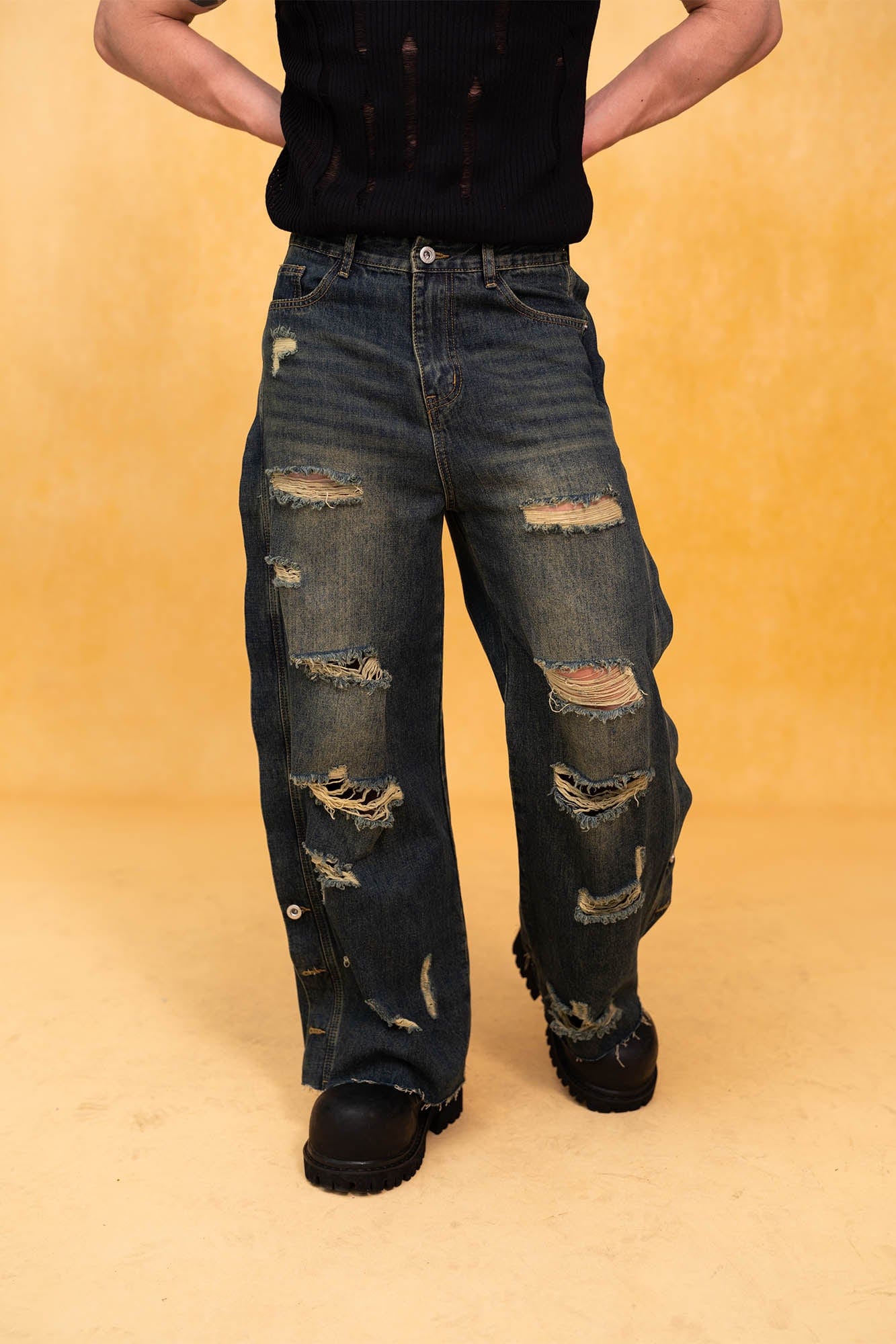 Heavy Distressed Buttoned Straight Leg Jeans