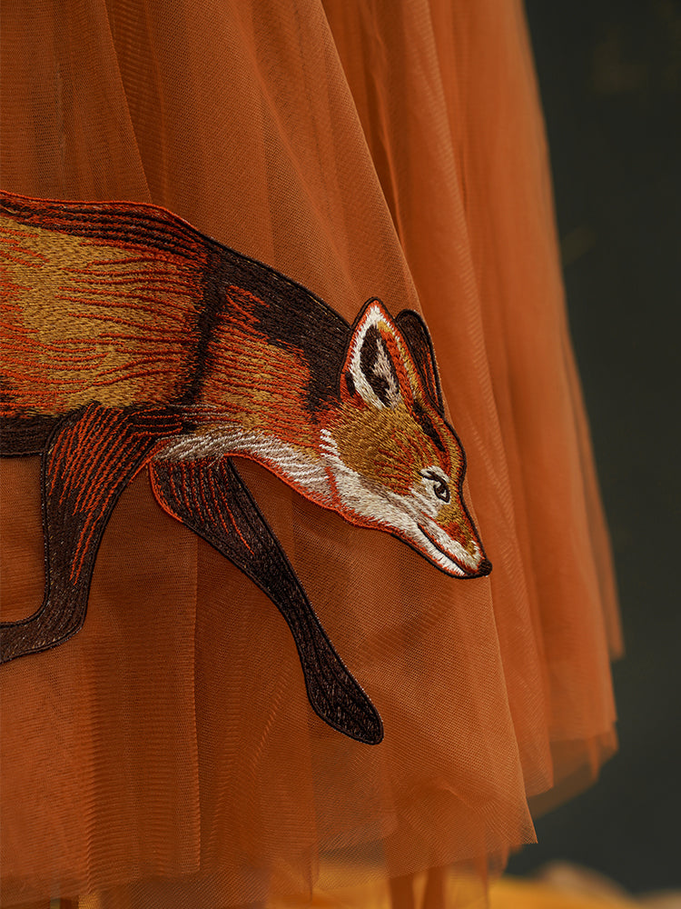 Embroidered Fox Tulle Strap Skirt - chiclara