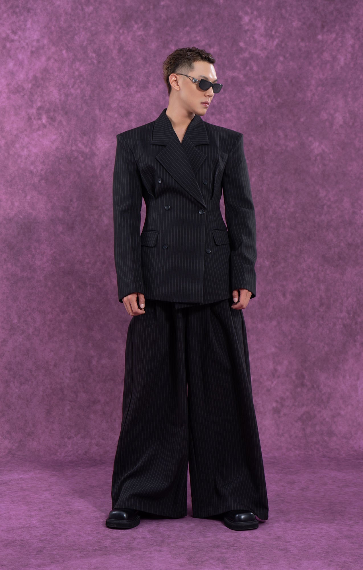Wide-Leg Pinstripe Suit Trousers