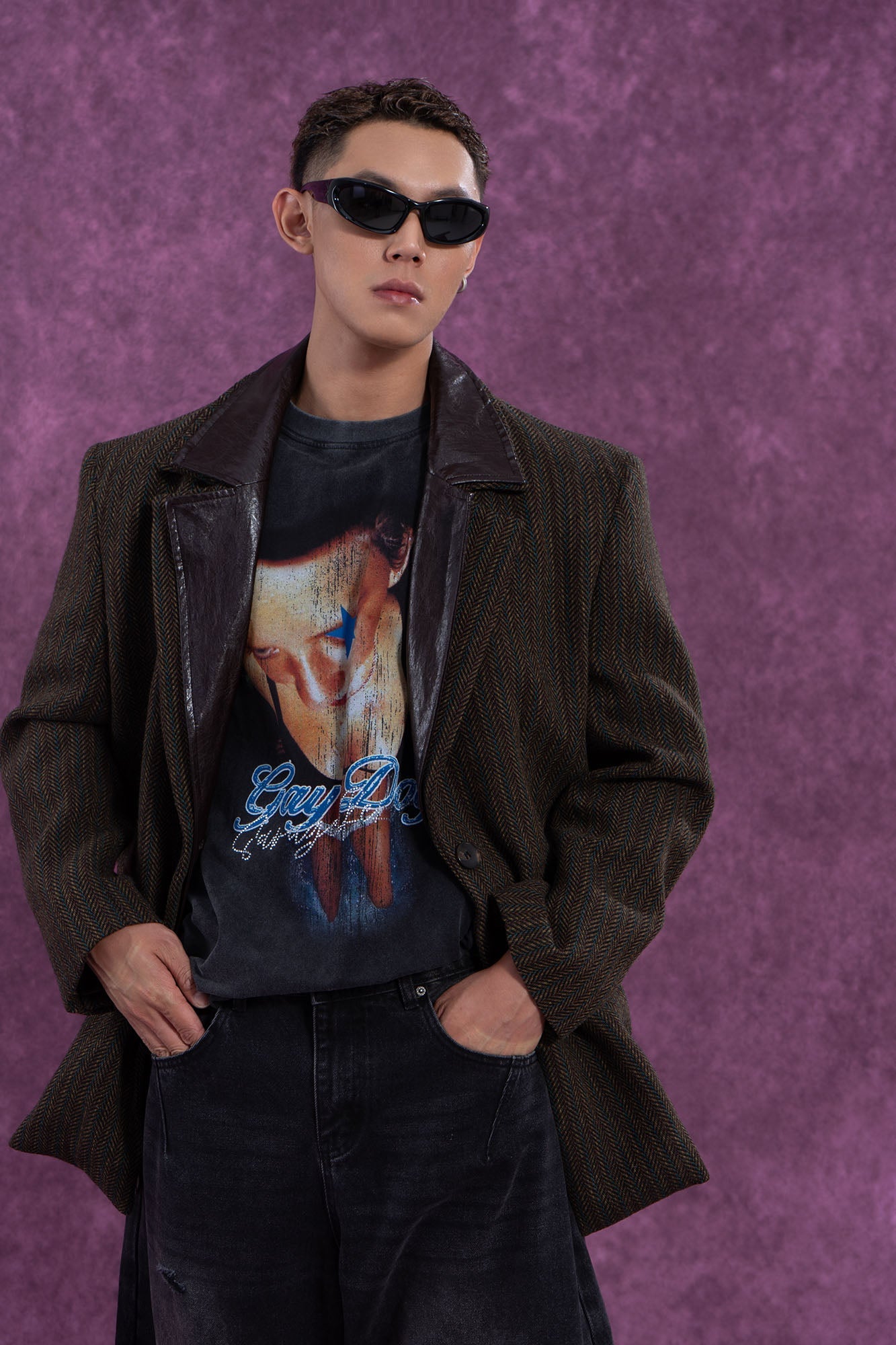 Vintage Herringbone Leather Collar Blazer