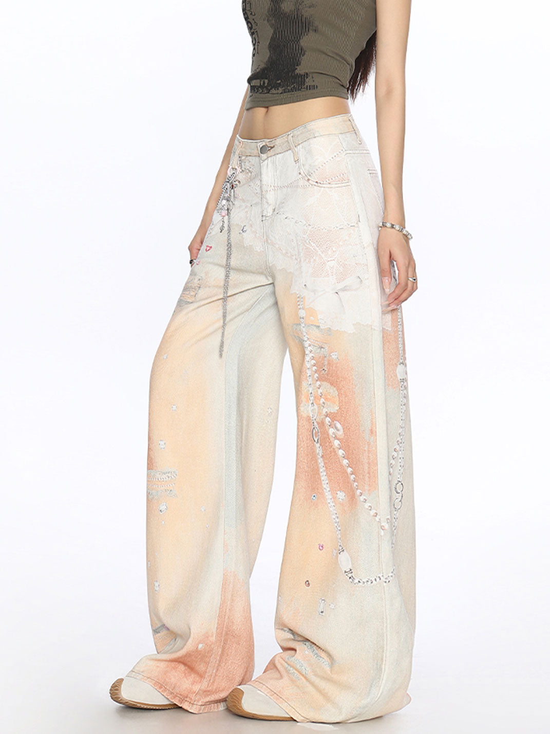 3D Chain Print Wide-leg Jeans