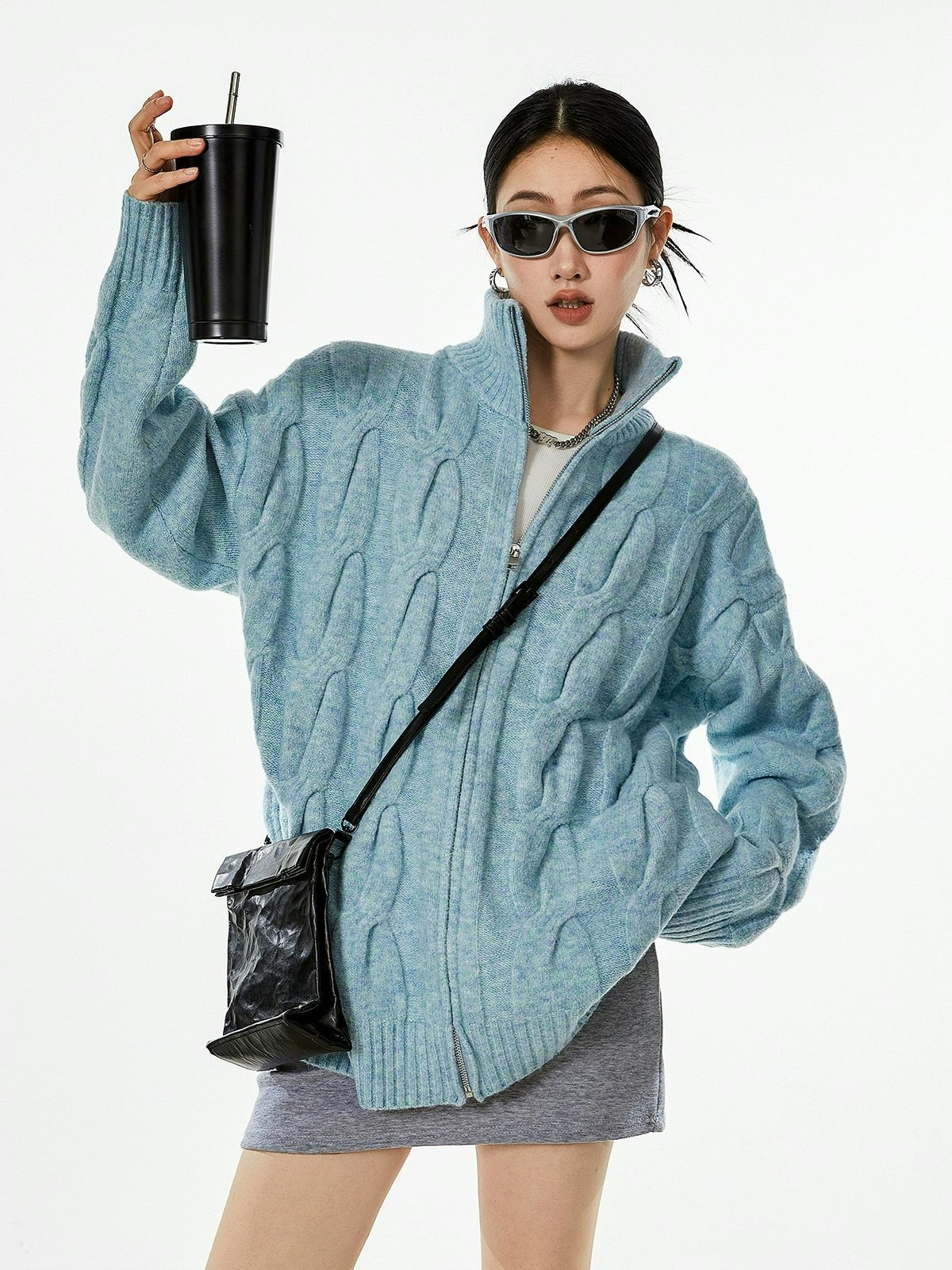 Ribbed Trim Cable Knit Zip-Up Cardigan
