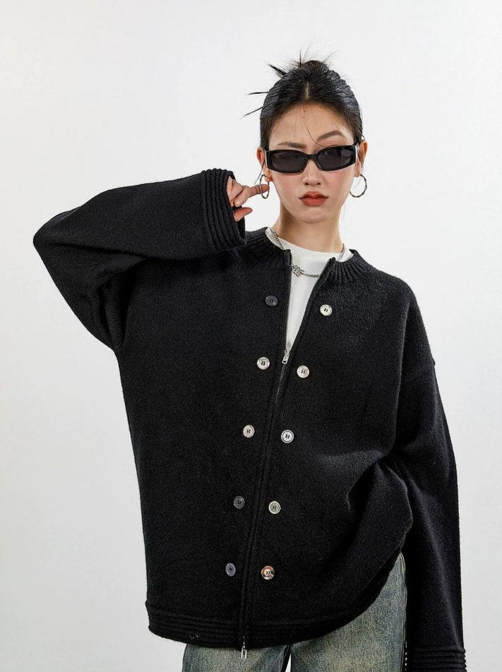 Ribbed Trim Oversized Button Zip Knit Cardigan