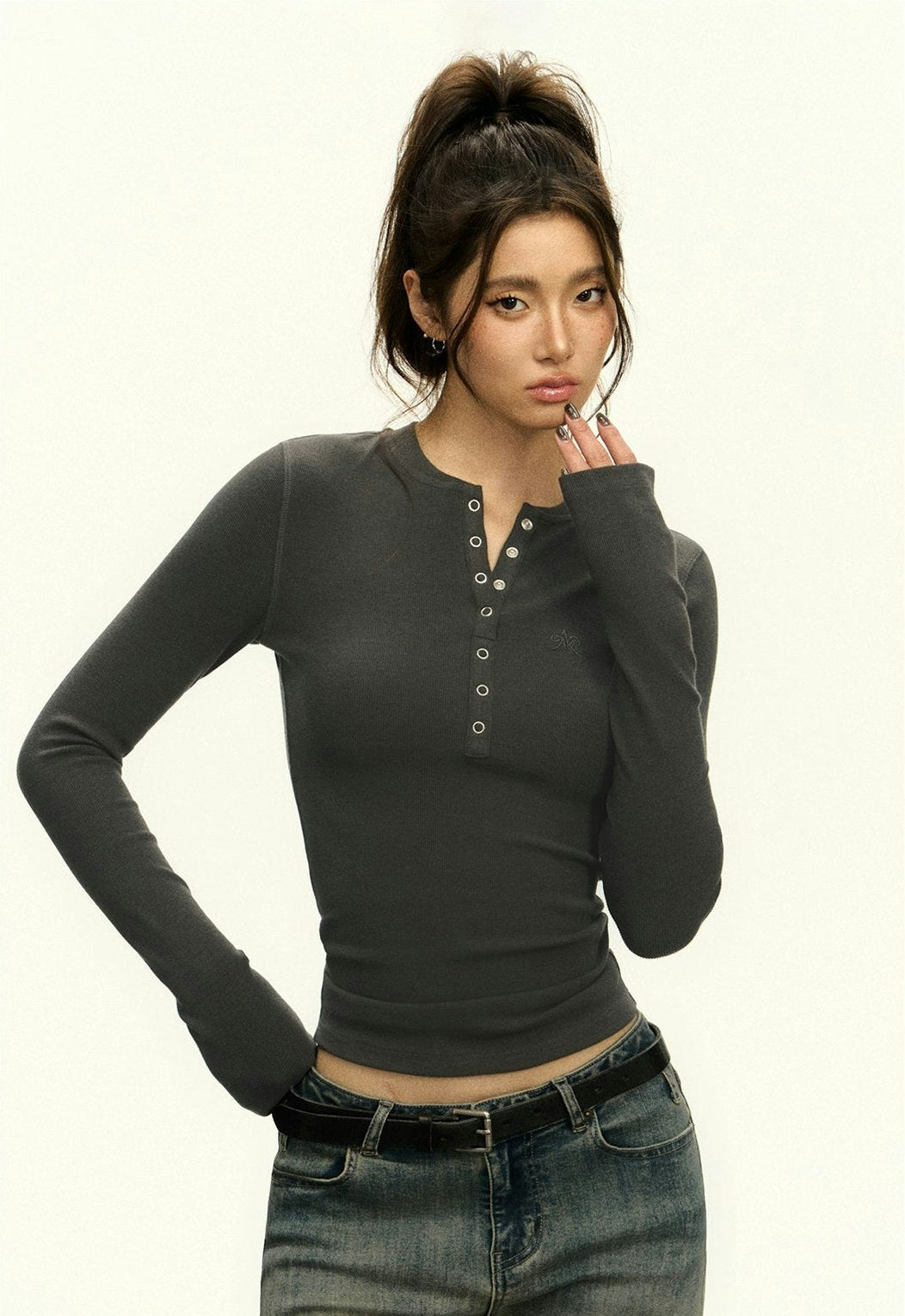 Ribbed Henley Crew Neck Crop Top