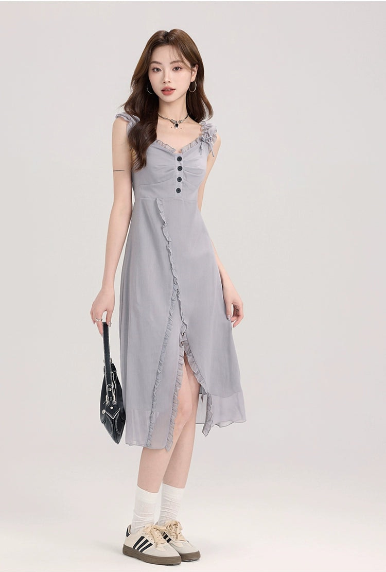 Ruffle Trim Button Front Midi Dress