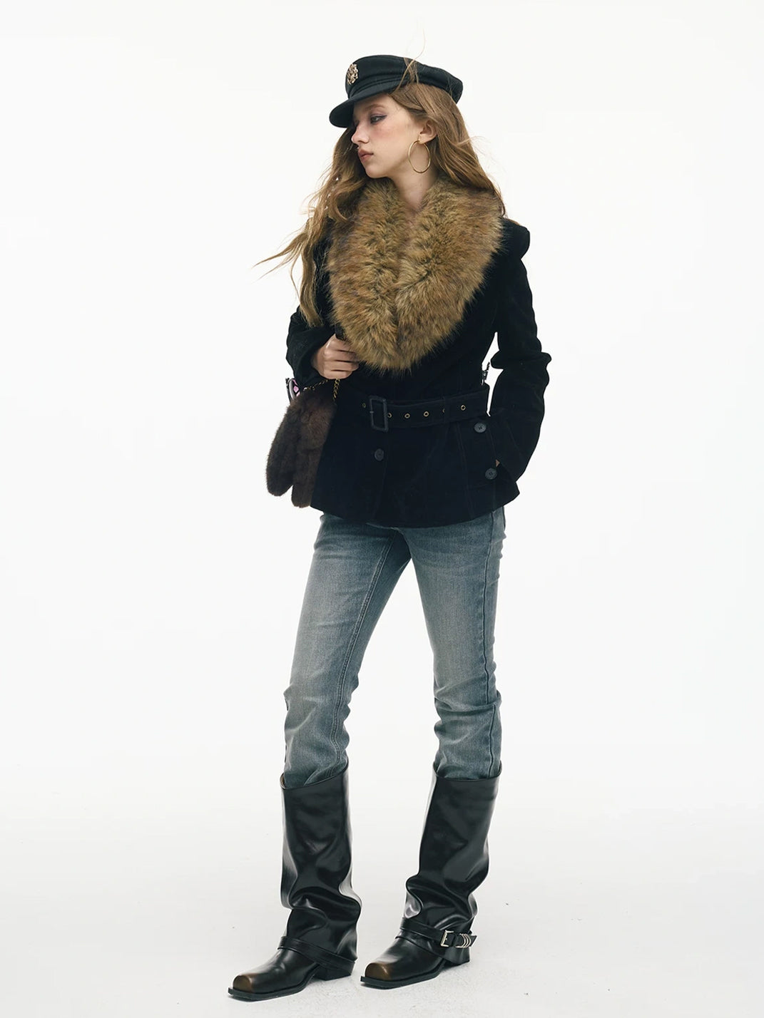 Black Cinched Jacket with Statement Faux-Fur Collar - view 6