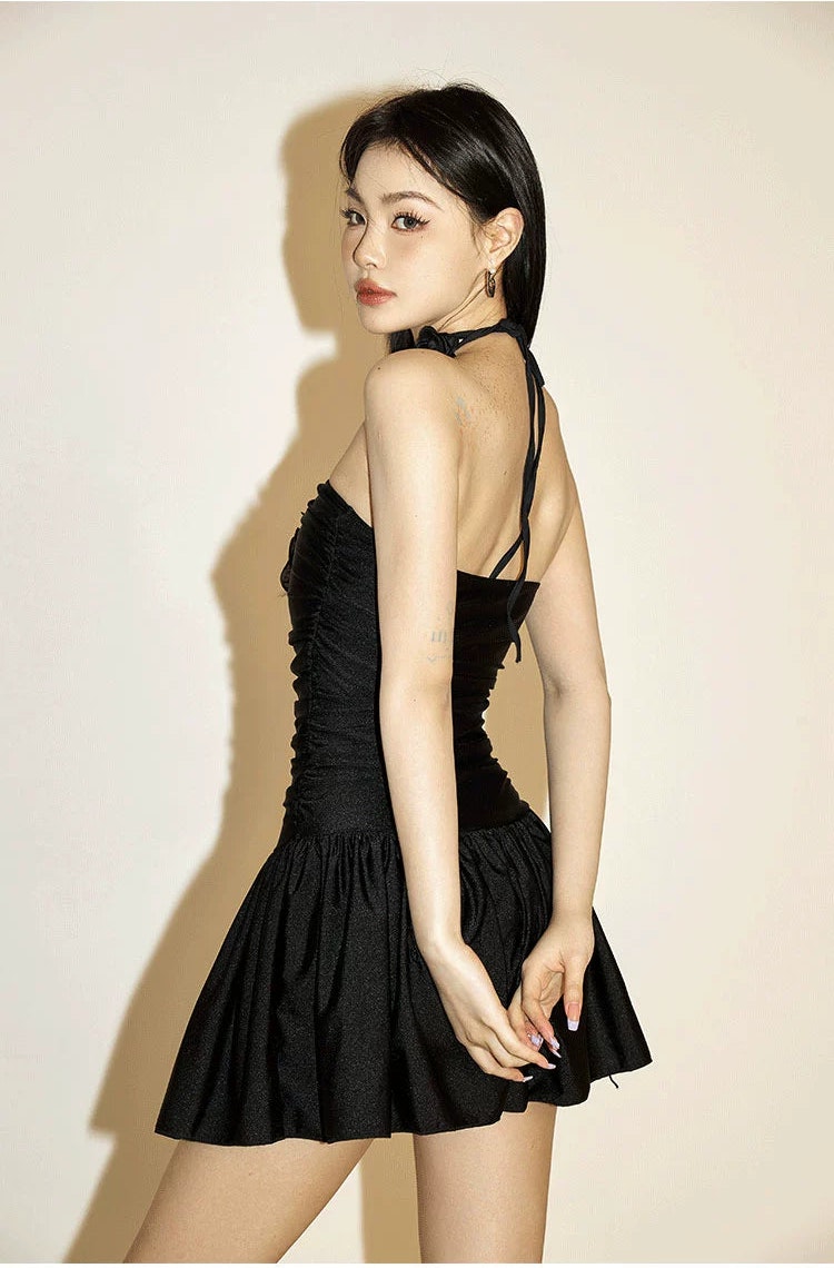 Black Ruched Halter Mini Swimdress