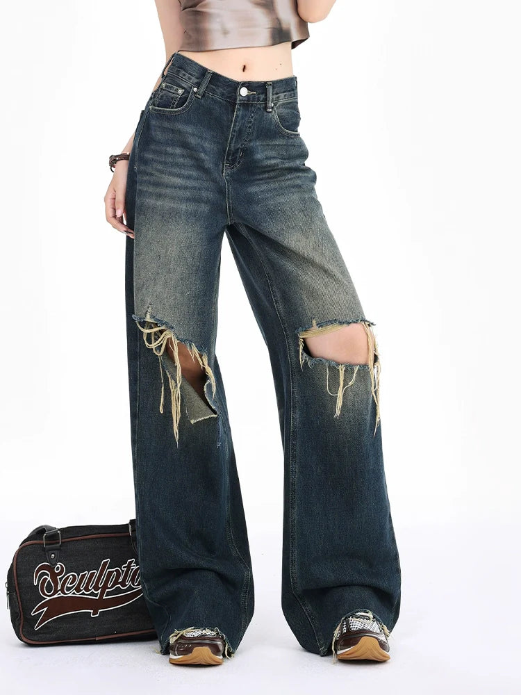 Distressed Raw Hem Dark Wide Leg Jeans