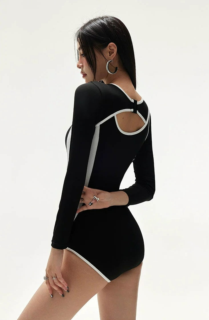 Black White Long Sleeve Swimsuit