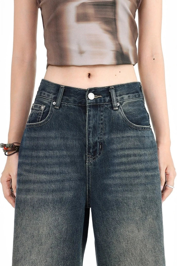 Distressed Raw Hem Dark Wide Leg Jeans