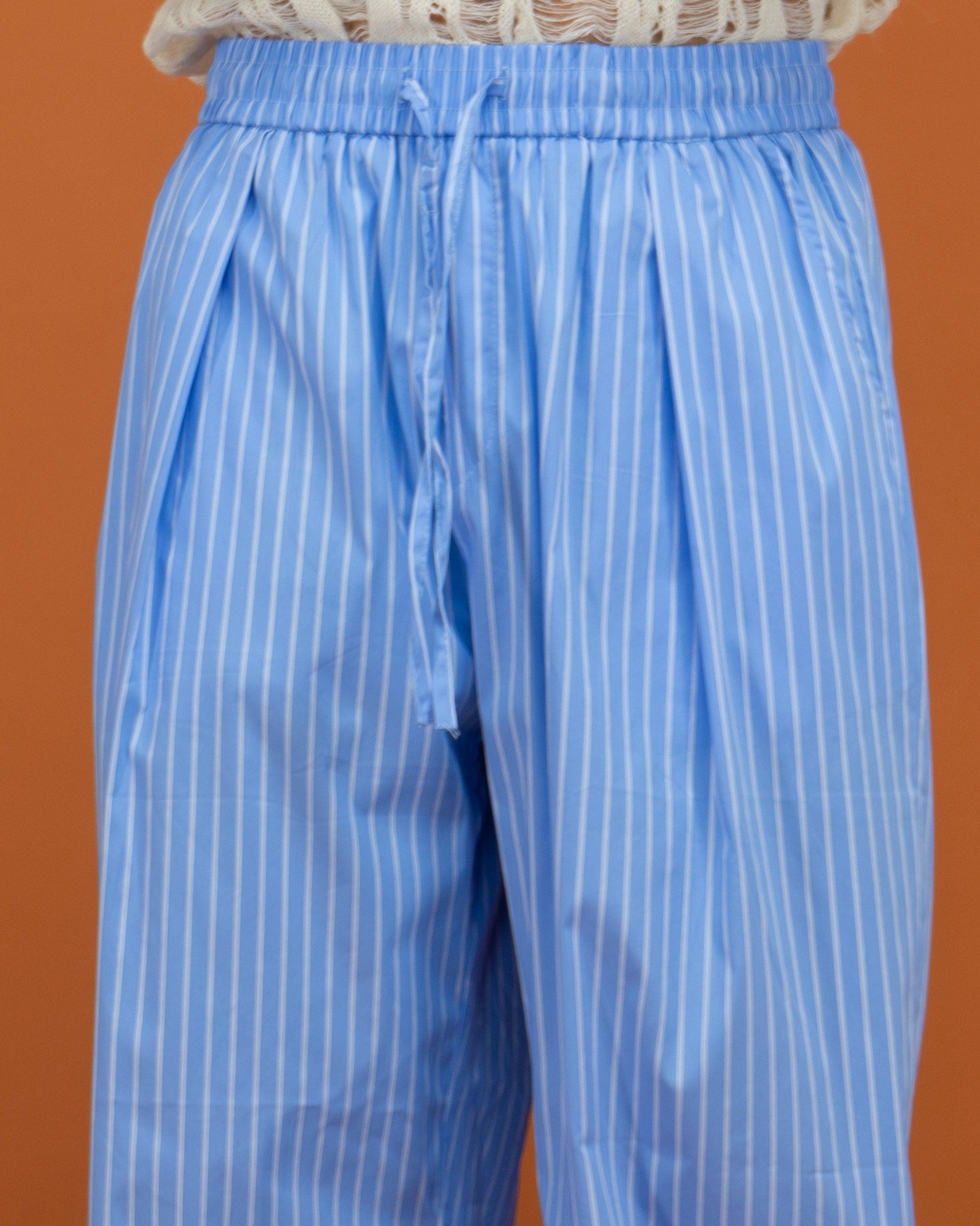 Blue Pinstripe Drawstring Wide-Leg Pants