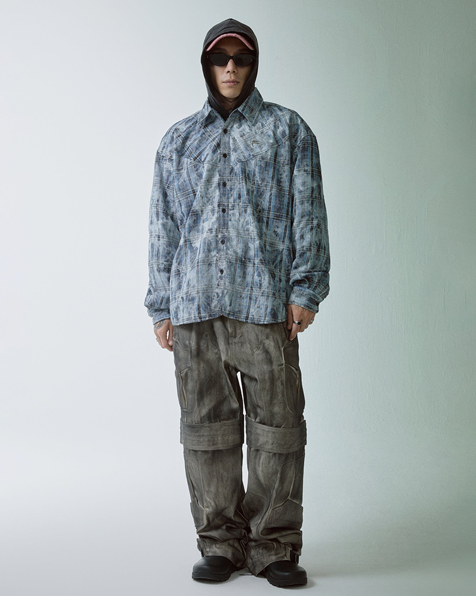 Chemise à manches longues à la flanelle à plaid à lavage acide