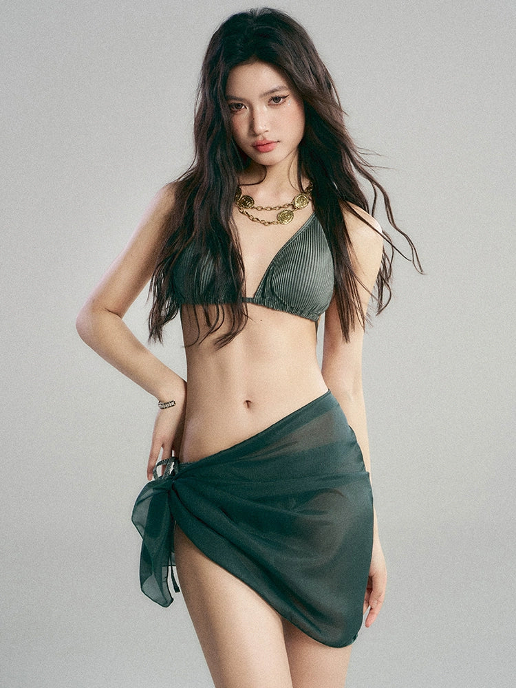 Ribbed Bikini Set with Sheer Sarong