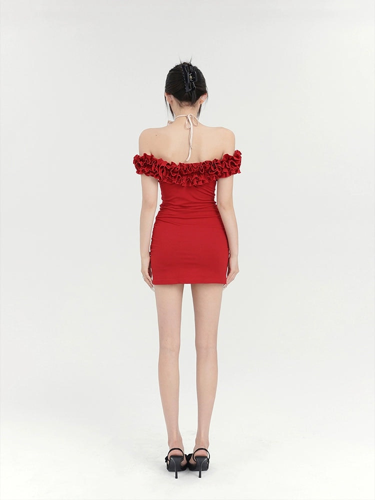 Red Ruffle Shoulder Mini Dress