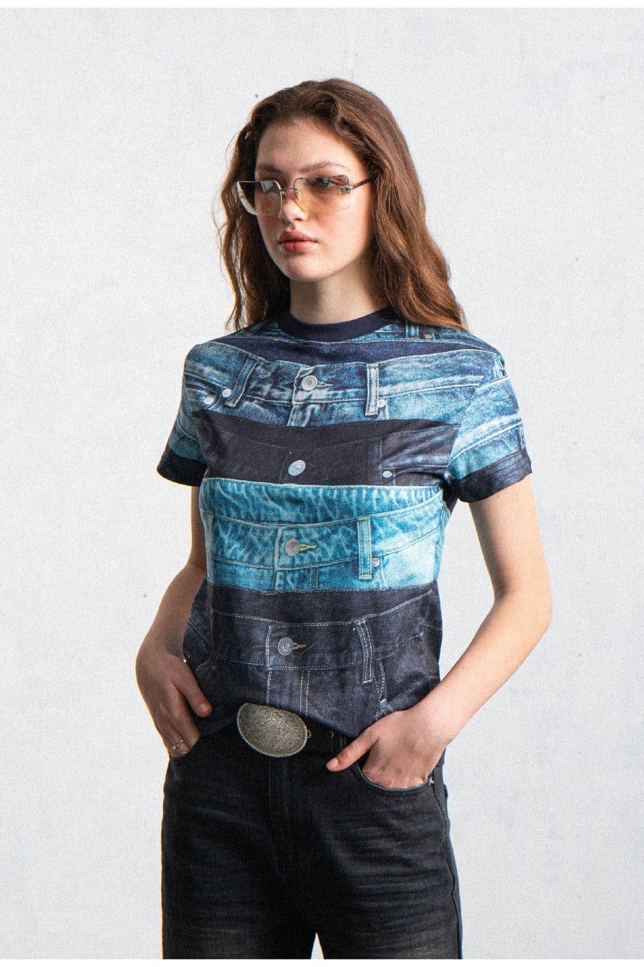 T-shirt imprimé de la taille en denim