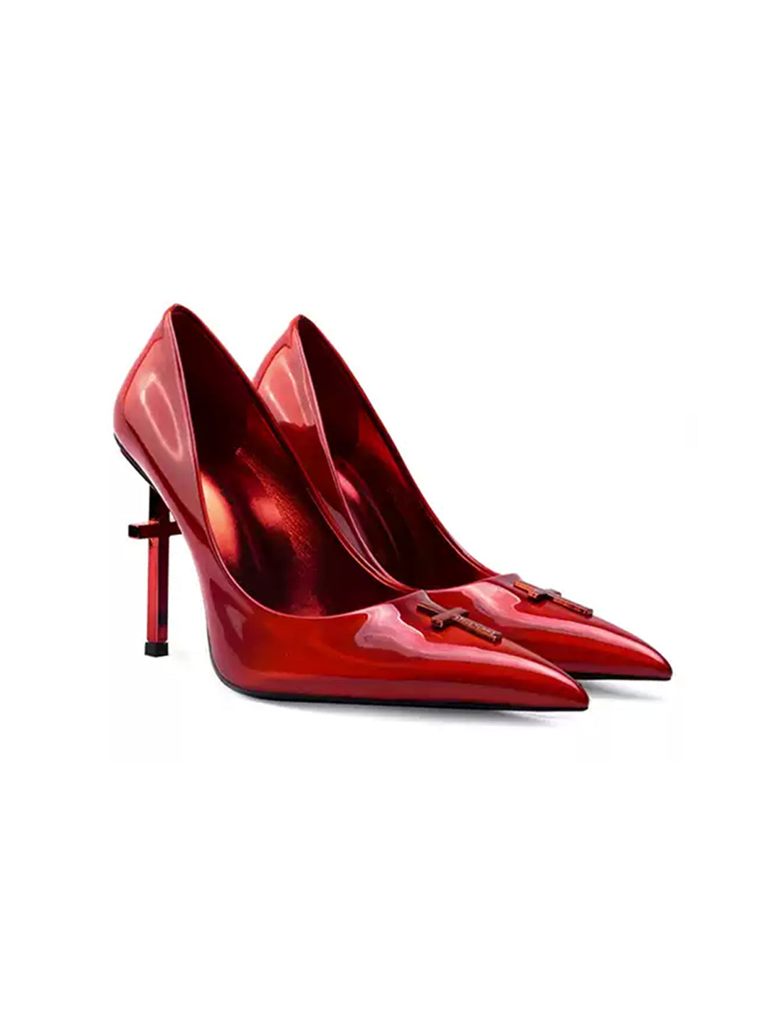 Red Cross-Heel Glossy Pointed Pumps - view 5