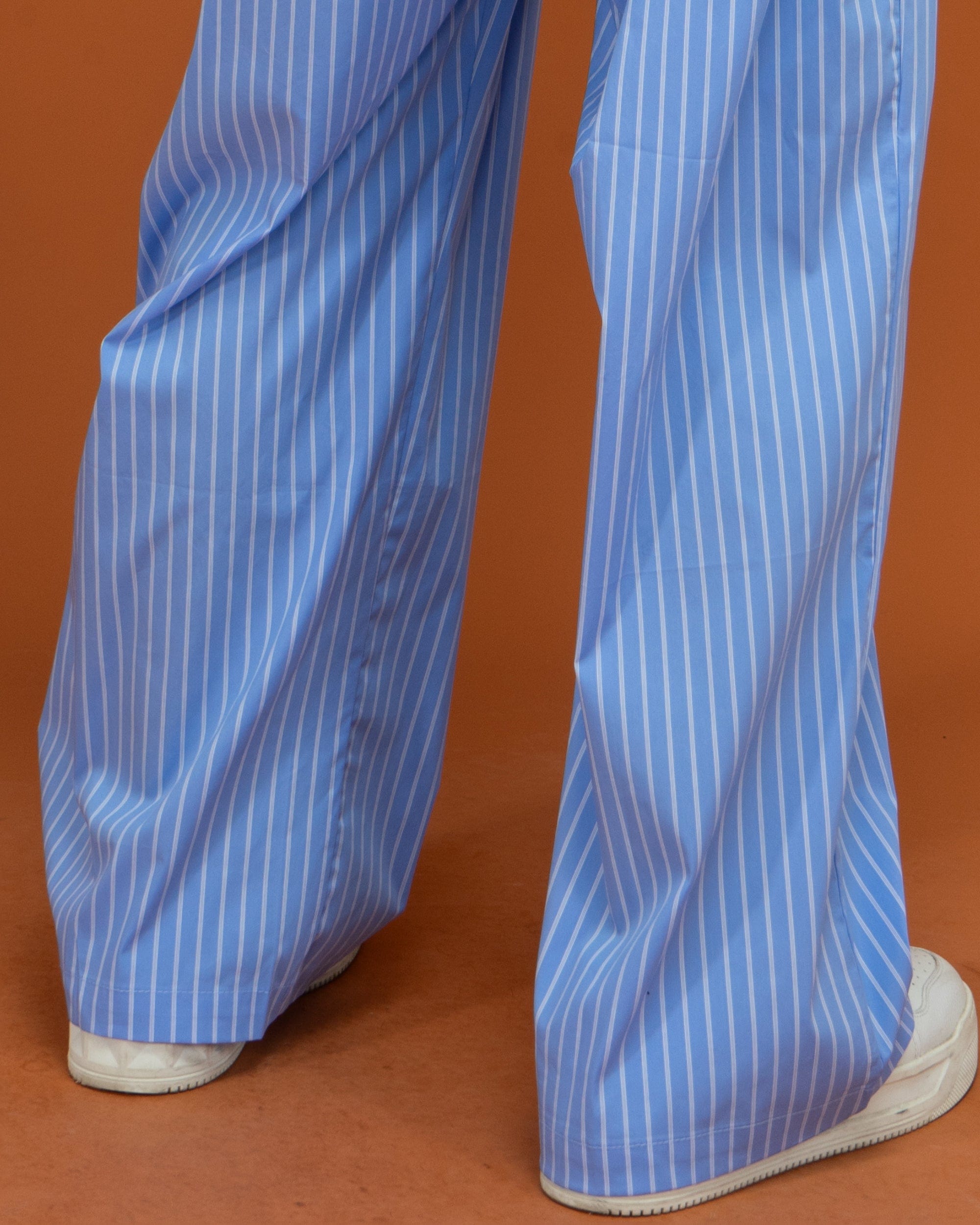 Blue Pinstripe Drawstring Wide-Leg Pants
