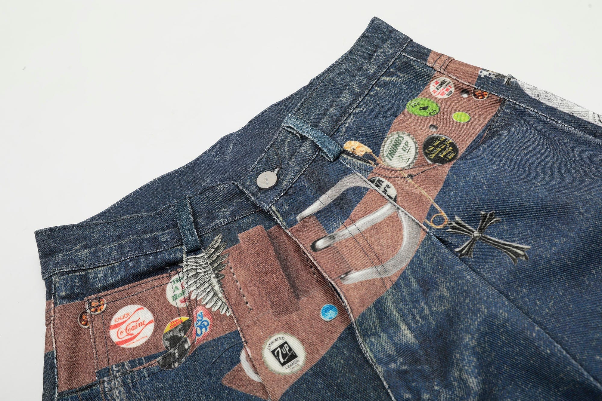 Wide-Leg Denim Shorts with Graphic Print and Button Details