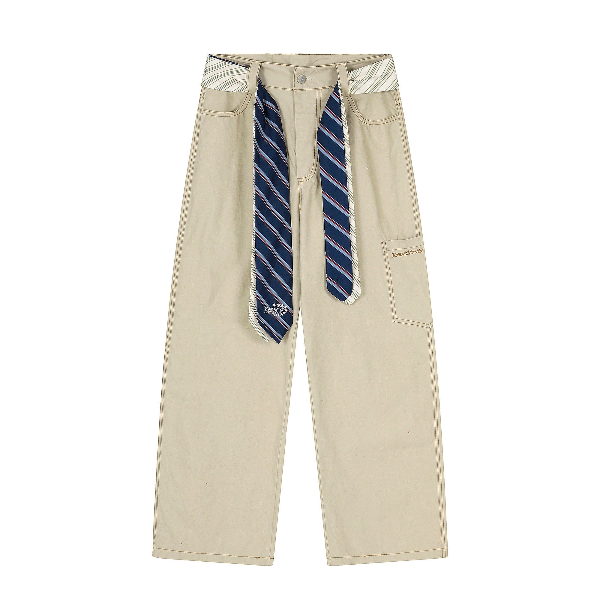 Wide-Leg Pants with Striped Tie Belt