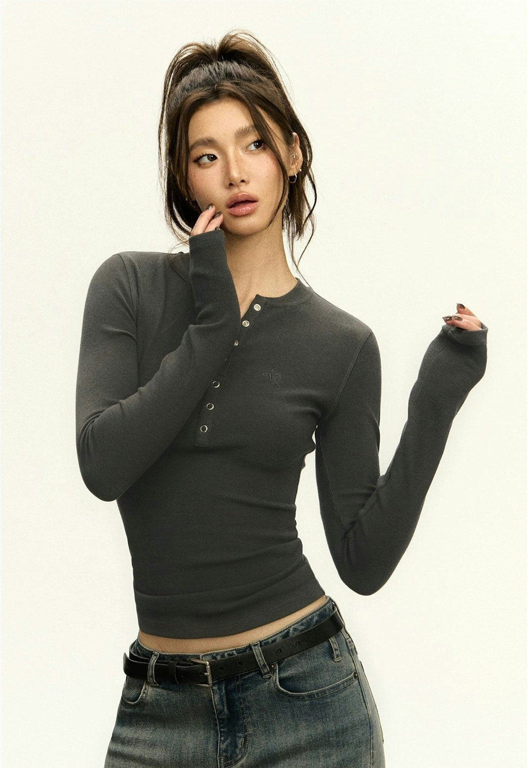 Ribbed Henley Crew Neck Crop Top